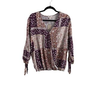 Como Vintage Women Sz M Pink Patchwork Print Tie Sleeve Banded Waist Blouse NWT